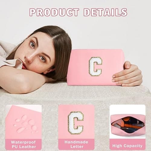 Detalle de SEFORICO Small Waterproof Leather Cosmetic Bag (Personalised A–Z) for Travel & Daily Kit