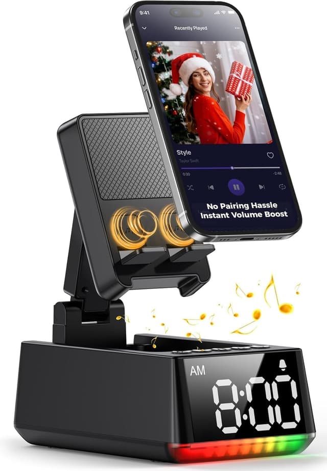 Detalle de BBL Wireless HD Surround Sound Bluetooth Speaker with Foldable Stand, Adjustable Phone Holder and LCD Alarm Clock