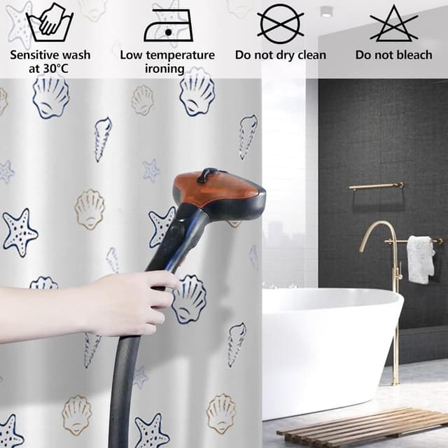 Detalle de GERUIKE Extra Wide Weighted Shower Curtain 240 x 200 cm in White Ocean World pattern