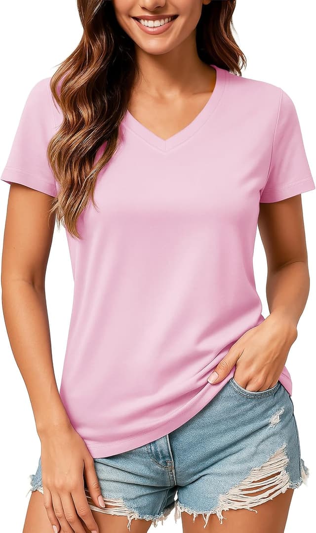 Detalle de TACVASEN Camiseta de algodón para mujer con cuello pico en V (rosa claro), manga corta y corte regular