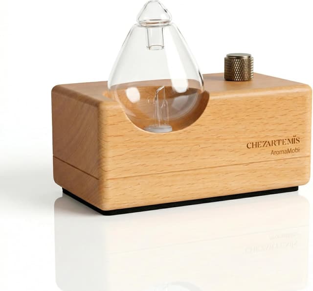 Detalle de Waterdrop Aroma Diffuser Kabellos (wasserlos) – Duftöl-Vernebler aus Glas & Buchenholz für bis zu 60 m²