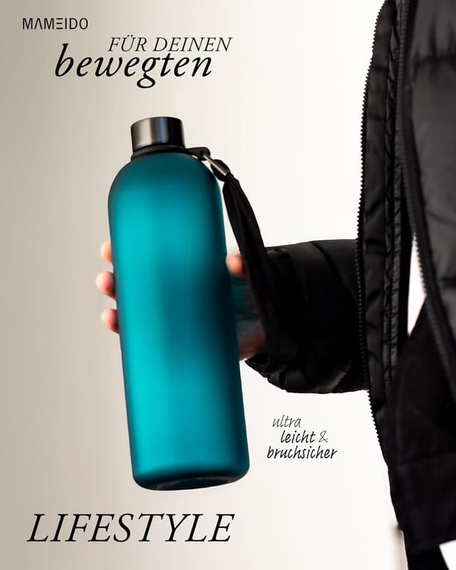 Detalle de MAMEIDO Trinkflasche mit Zeitmarkierung 1,5 l (Tritan, BPA-frei) für kohlensäurehaltige Getränke – Tropical Breeze