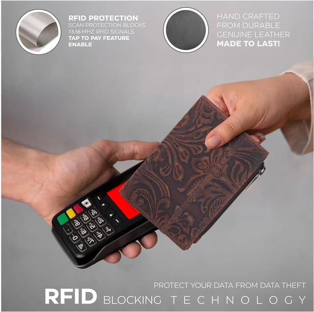 Detalle 2 de Oak Leathers RFID Wallet for Women in Full Grain Leather (Crazy Horse Brown Flower) – Small Bifold Coin Purse