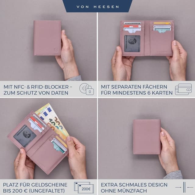 Detalle 2 de VON HEESEN Leder-Geldbörse mit RFID-Schutz – Echtleder Portemonnaie in Lavendel