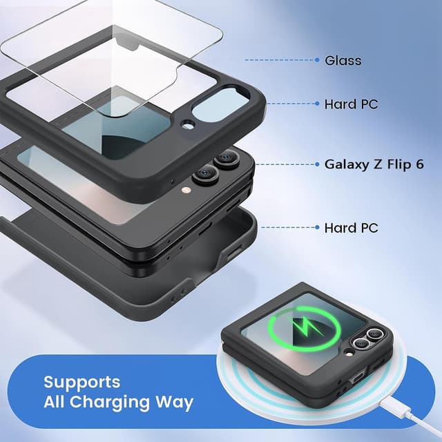 Detalle de WEYNRBOX Hülle für Samsung Galaxy Z Flip 6 – Hard-Case aus PC mit 2x Displayschutzfolie (schwarz)