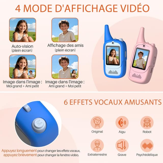Detalle de FUNYKICH Talkies-Walkies vidéo enfants écran IPS 2 pouces (lot de 2) rechargeable USB-C, portée jusqu’à 350 m