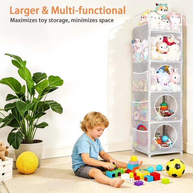 Detalle 2 de AXHOP 5-Tier Teddy & Toy Storage Unit (42 x 42 x 162cm) with 8 Side Mesh Pockets – Grey