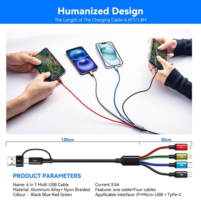 Thumbnail 6 de MINLU 6 in 1 Multiple Charging Cable (2-Pack, 6Ft) — USB A/C to Lightning, USB-C, and Micro USB