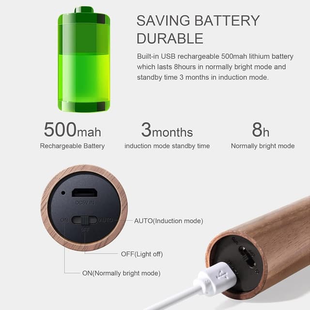 Detalle de LANDGOO LED-Nachtlicht mit Bewegungssensor, wiederaufladbar, aus Holz (Hellbraun)