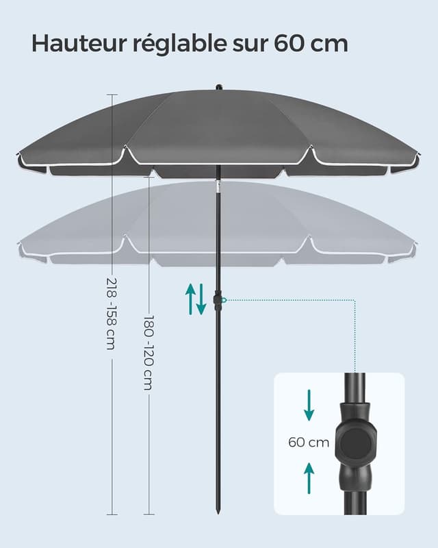 Detalle de SONGMICS Parasol de 200 cm UPF 50+, inclinable 30° et hauteur réglable (sans base) GPU065G01