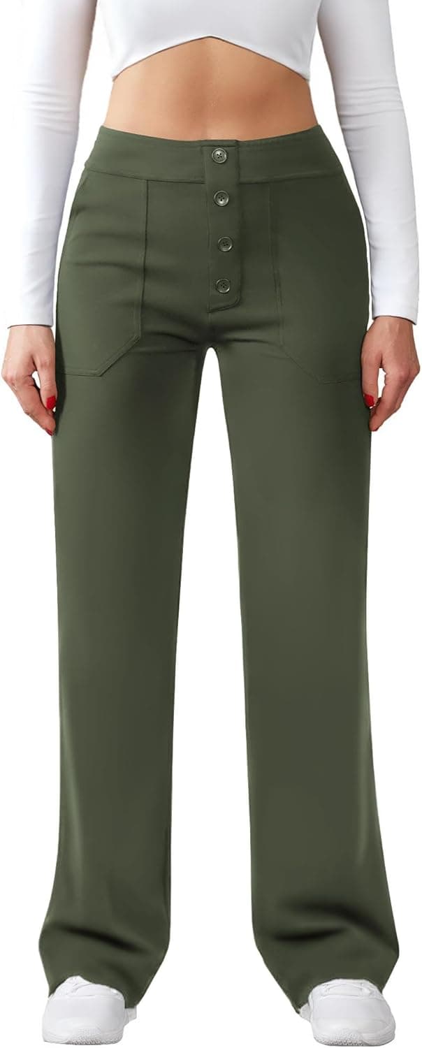 Detalle 2 de Friptspyg Damen High-Waist-Hose mit weitem Bein, Knopf und Stretch – casual & Arbeit, mit Taschen