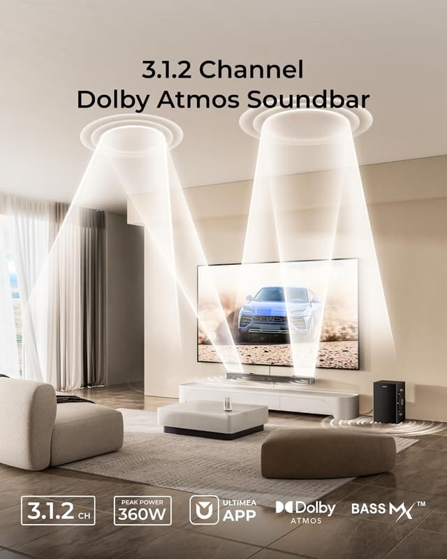Detalle de ULTIMEA Soundbar 3.1.2 mit 6,5-Zoll-Subwoofer, HDMI eARC & Bluetooth 5.4 (Skywave F30 Boom) – Heimkino für TV