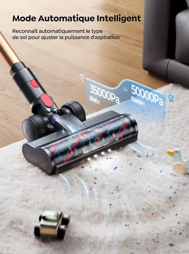 Detalle de SMOTURE VAC01 Aspirateur balai sans fil 600 W, succion 50 KPa, écran tactile et brosse matelas