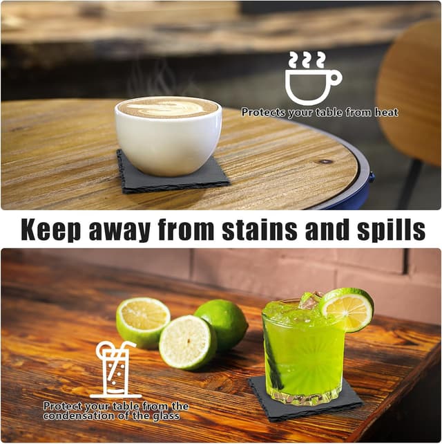 Detalle 2 de VIBRATITE 24 quadratische Schiefer-Getränkeuntersetzer (10,2 cm) – schwarzer Naturschiefer für Bar, Küche & Deko