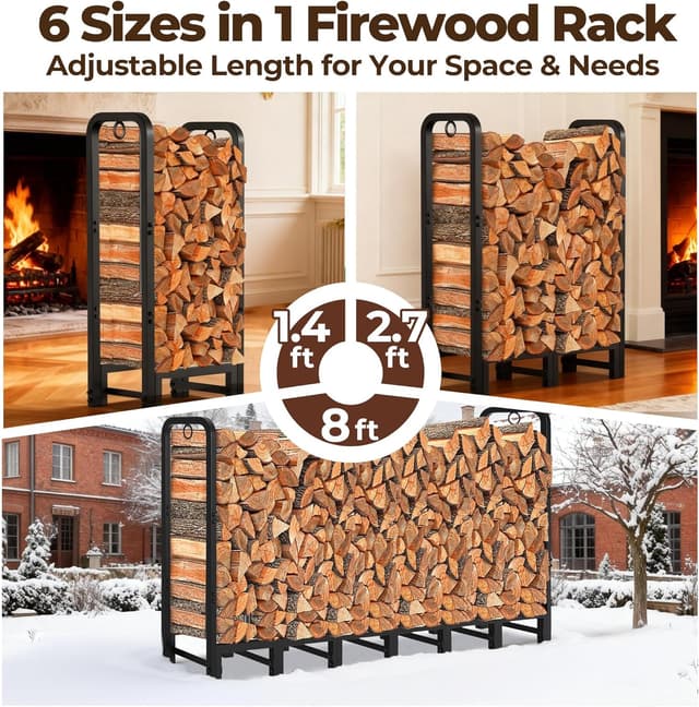 Detalle de Amagabeli 8ft outdoor firewood log rack (244cm x 36cm x 121cm) heavy-duty metal log holder