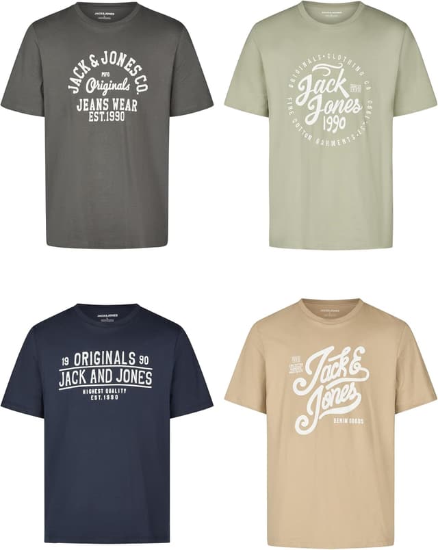 Detalle de JACK & JONES Regular-Fit T-Shirt JJLINO im 4er-Pack für Herren (Rundhals, kurzarm, mit Print)