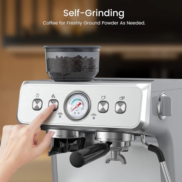 Detalle 2 de (2026 Upgrade) Espresso Machine with Grinder + Milk Steam Wand (15 Bar) — Home Espresso for Cappuccino & Latte