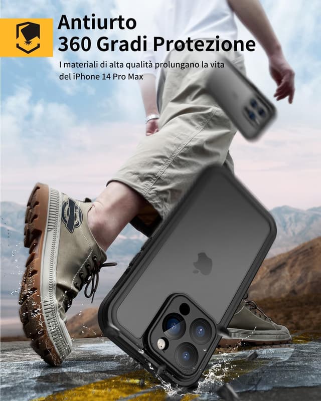 Detalle 2 de Lanhiem Cover Impermeabile IP68 per iPhone 14 Pro Max, custodia rugged full body antiurto (nero) con protezione schermo e supporto MagSafe
