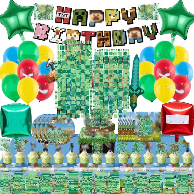 Detalle de Milygobam 67 PCS MC Birthday Decorations Kit with “Happy Birthday” banner, cake toppers, foil balloons and tableware