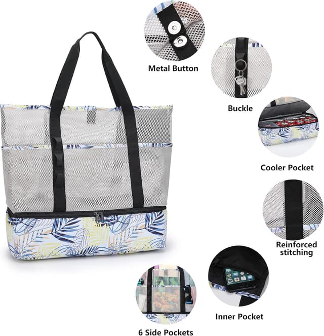 Detalle de UYLIA Large Tote Mesh Beach Bag with Cooler – Sandproof, Waterproof, Foldable with 8 Pockets