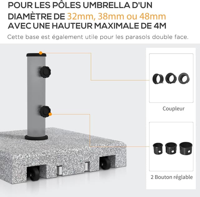 Detalle 2 de Outsunny Pied de parasol en granit carré avec roulettes – compatibilité mât Ø32/Ø38/Ø48 mm, 28 kg