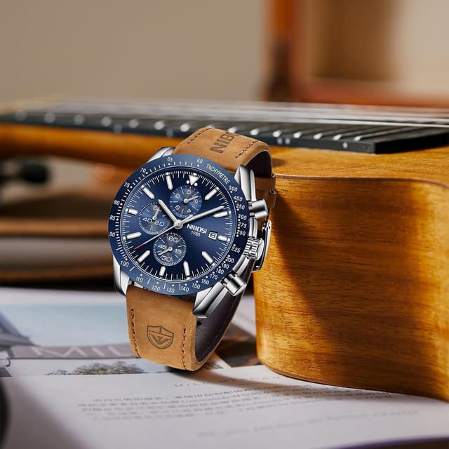 Detalle 2 de NIBOSI Orologio da uomo analogico al quarzo cronografo con data e pelle