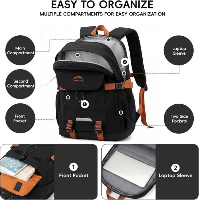 Detalle de Amythe Sac à Dos pour Garçons 30L pour ordinateur 15,6" – grand, léger et imperméable, Noir