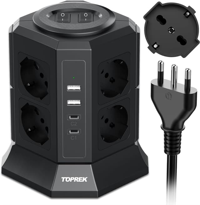 Detalle de TOPREK Multipresa verticale 8 prese universali ITA + USB-C/USB-A 4000W/16A con cavo 2 m