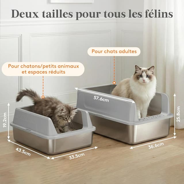 Detalle 2 de Lifewit litière pour chat ouverte en acier inoxydable avec pelle et grand bac XXL (sans couvercle) – Gris