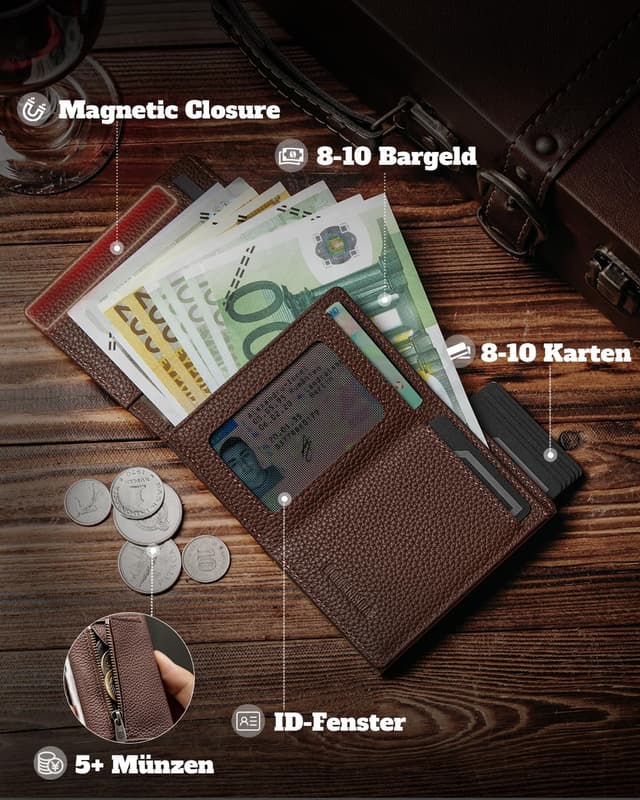 Detalle de DODENSHA MagSnap Pebble Geldbörse mit Münzfach, Slim Wallet inkl. RFID-Schutz – braun-silber