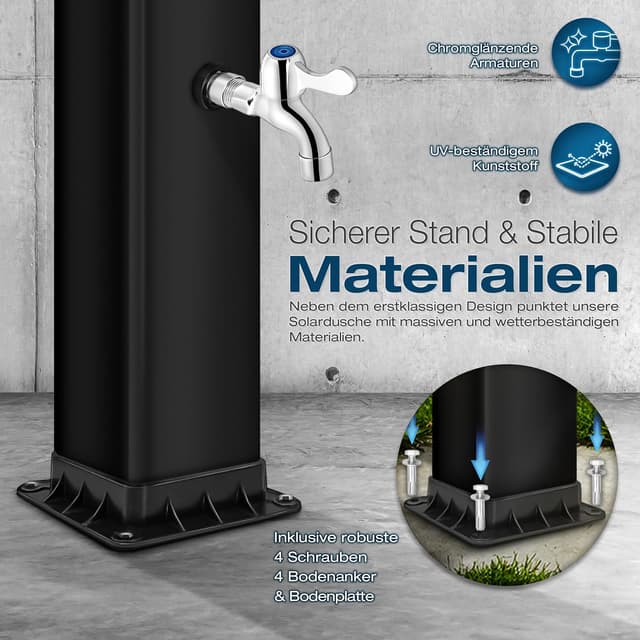 Detalle 2 de tillvex Solardusche 40 Liter (schwarz) inkl. Schutzhaube – Solar-Duschsystem ohne Stromanschluss