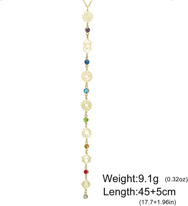 Detalle de VASSAGO 7 Chakra Halskette aus Edelstahl – lange Y-Kette mit verstellbarem Lariat-Anhänger für Damen