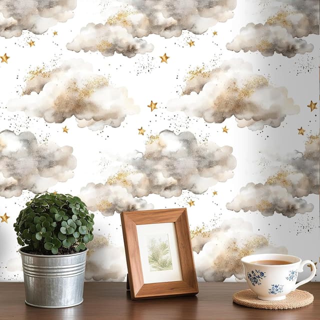 Detalle 2 de FunStick Wolke und Stern Tapete für Kinderzimmer (selbstklebend, abziehbar) in Weiß/Grau, 44,5 cm × 3 m