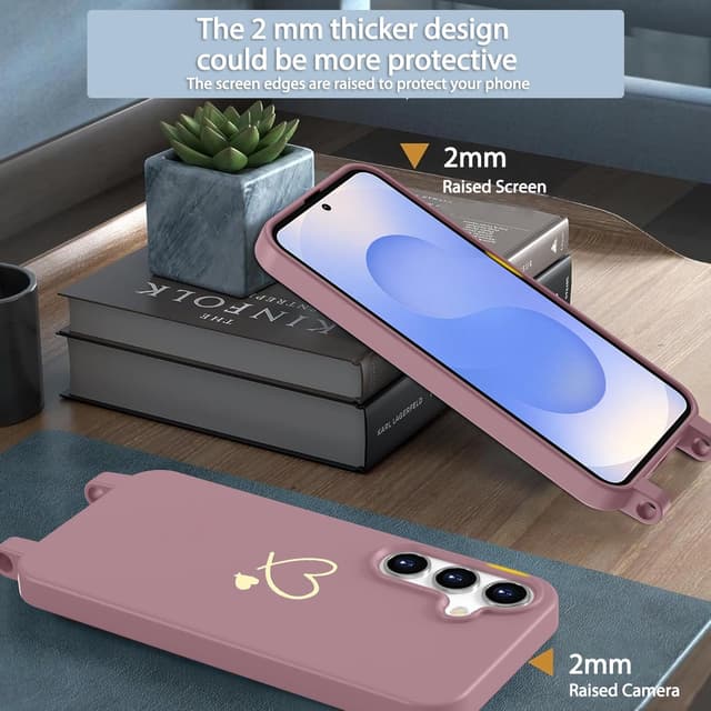 Detalle de AoozeFon Handyhülle für Samsung Galaxy S25/S24 mit Band, Kordel und Schutz aus weichem TPU – Rosa