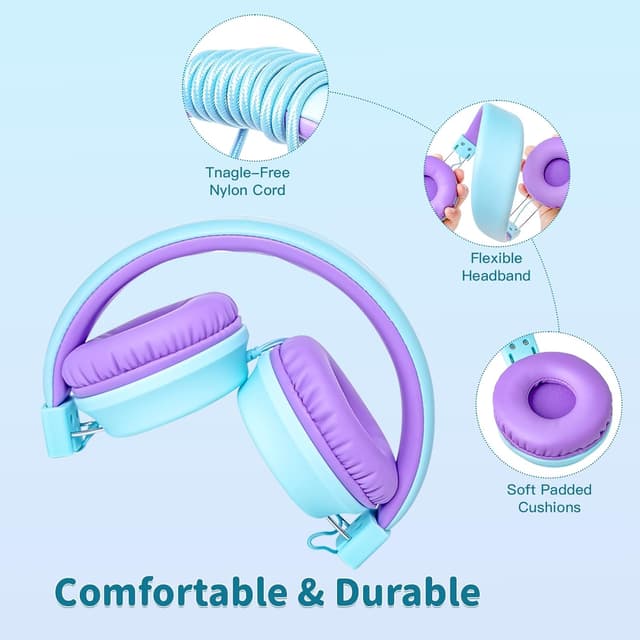 Detalle 2 de Olyre Kids Headphones (Toddler Wired Headset with Mic) for School, Plane & Travel — Icy Mint Blue/Purple