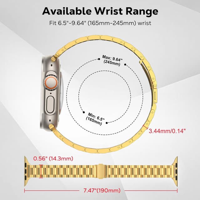 Detalle de MoKo thin stainless steel Apple Watch band (Gold) for Ultra, Series 11–1, SE and 44mm models