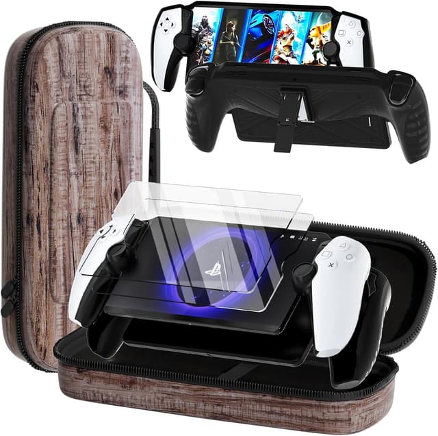 Detalle de QUAGGY 3-in-1 Accessoris Kit for PlayStation Portal — EVA carry case, TPU cover, 2 screen protectors (wood)