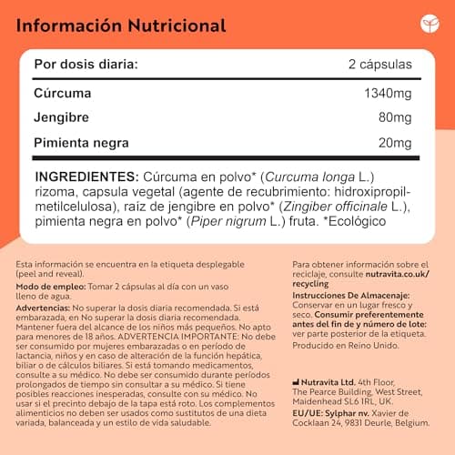 Detalle de Nutravita Cúrcuma Orgánica con Jengibre y Pimienta Negra (extracto de curcumina) – 180 cápsulas veganas