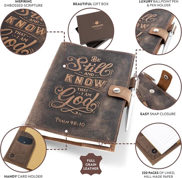 Detalle de Moonster Carnet de notes en cuir ligné rechargeable A5 avec verset biblique en relief (320 pages) et stylo