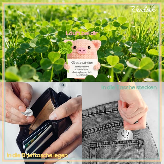 Detalle de Tixlux Pocket Hug Glücksschweinchen Figur mit Glücksklee und Glücksbringer (Silber III)