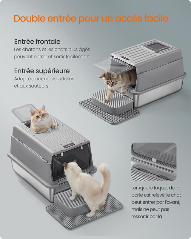 Detalle de Feandrea PPT007GN01 – bac à litière en acier inoxydable avec couvercle, pelle, tapis et 2 entrées (jusqu’à 15 kg), gris tourterelle