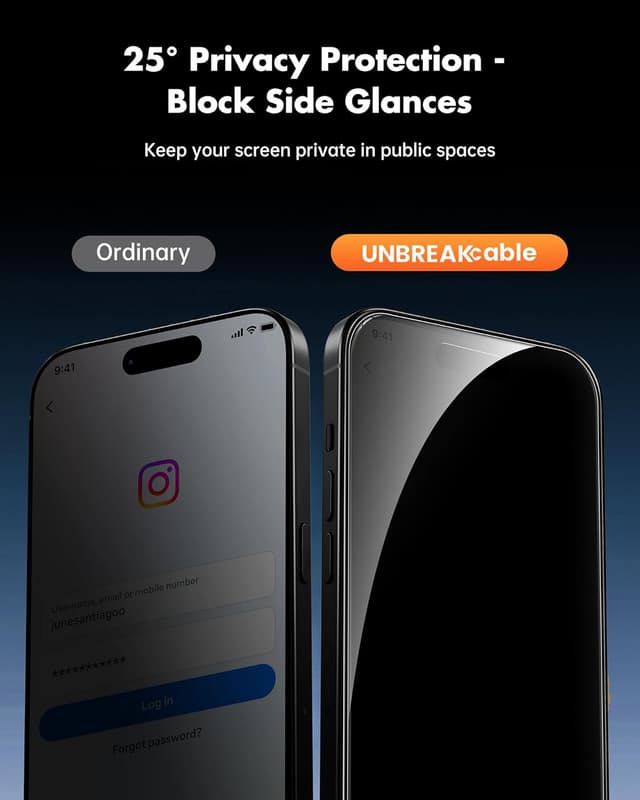 Detalle de UNBREAKcable Privacy Screen Protector for iPhone 15 (6.1-inch) – 2-Pack + 2 Lens Protectors with 25° Anti-Spy Tempered Glass