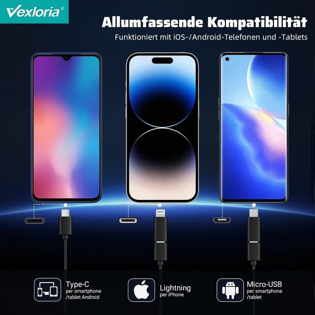 Detalle de Vexloria Endoscopio per Smartphone con doppia lente 1920P HD, IP68 e 8 LED