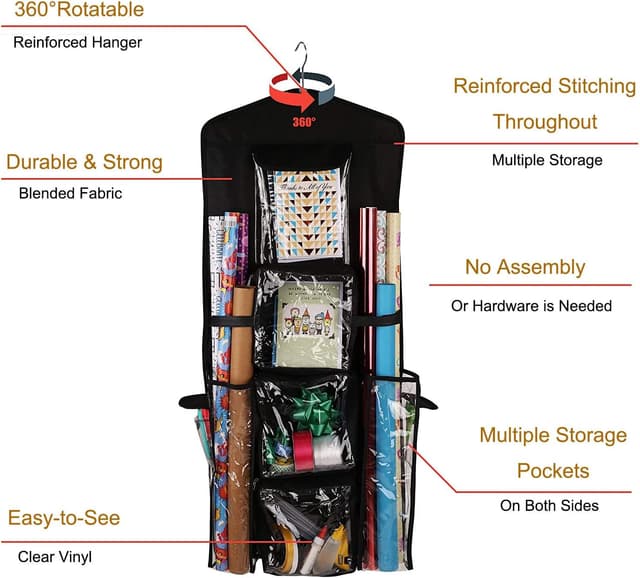 Detalle 2 de LXTaoler Hängende Geschenktasche zum Aufhängen, doppelseitig, mit mehreren Taschen (101 x 43 cm), Schwarz