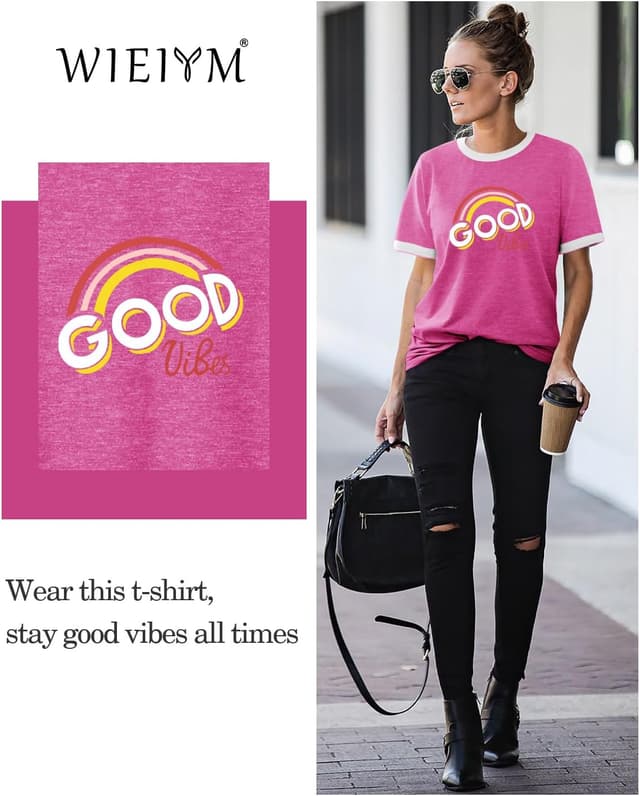 Detalle de WIEIYM Women’s “Good Vibes” Rainbow Graphic T-Shirt with Round Neck (Short Sleeve)