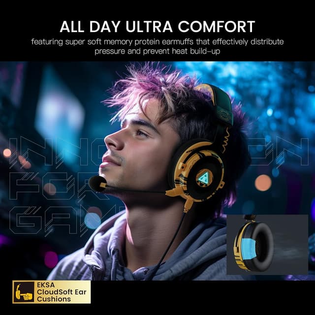 Thumbnail 6 de EKSA E900Pro Gaming Headset for PC PS5 PS4, Wired Headphones with Detachable Noise Cancelling Mic, 7.1 Surround Sound, USB&3.5mm Cable, LED Light, Over-Ear USB Gaming Headphones for Xbox One (Yellow)
EKSA E900Pro Gaming Headset for PC PS5 PS4,…