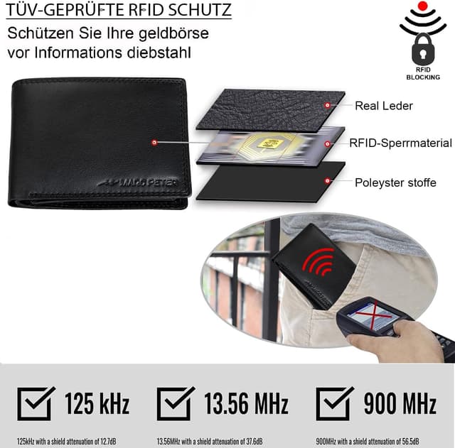 Detalle 2 de Marc Peter® Hanover Herren-Geldbörse aus echtem Leder mit RFID-Schutz, Schwarz (Nappa) – 12 x 9,5 x 2 cm