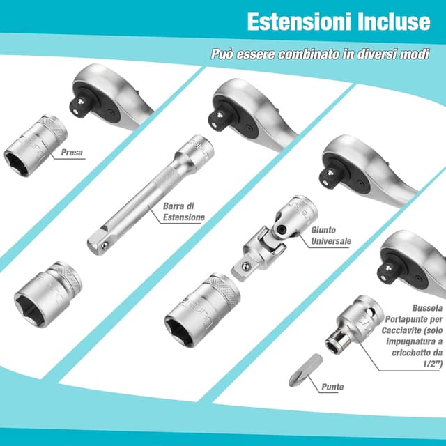 Detalle de DURATECH set di chiavi a bussola 108 pezzi con cricchetto 72 denti 1/2” e 1/4” in Cr-V