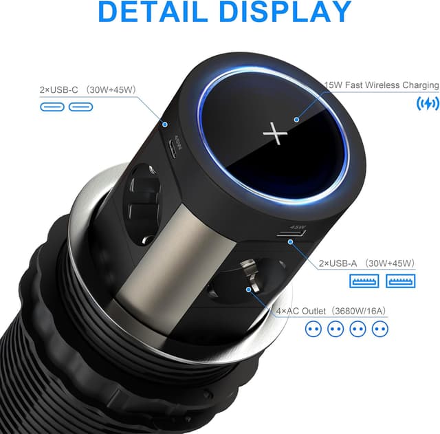 Detalle 1 de Multiprise encastrable 9 en 1 avec 4 prises + 2 USB-C PD 75 W + charge sans fil 15 W (Ø100 mm, câble 1,8 m) – Noir