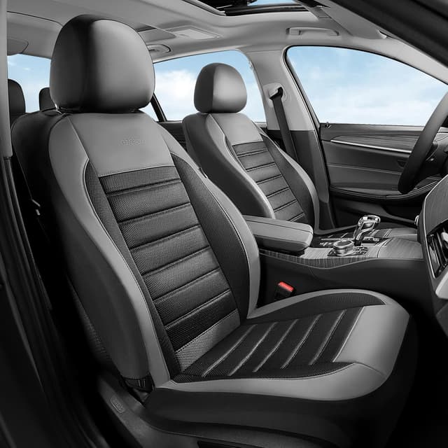 Detalle de Coverado Car Seat Covers Full Set (5 Seats) in Black Gray – Luxury Leather + Mesh Protectors